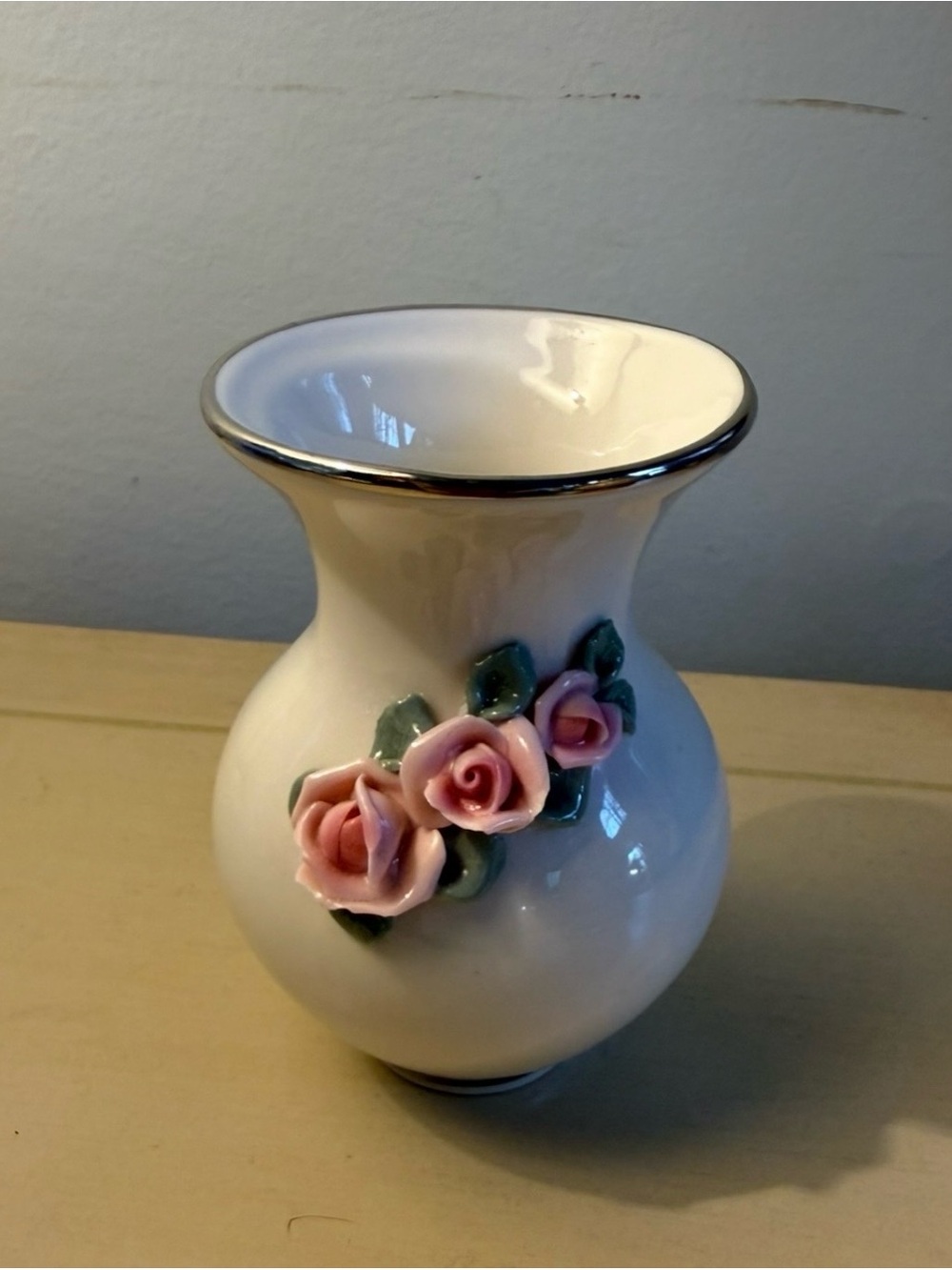 Porcelain Rose Applique Accent Vase with Silver Rim